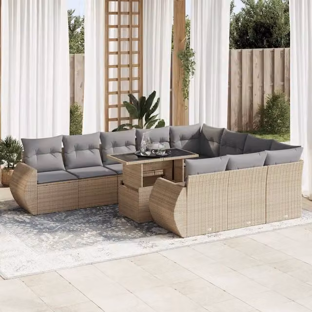 Set di divani da giardino vidaXL in polyrattan con cuscini beige e tavolino da esterno 11 pezzi – 1