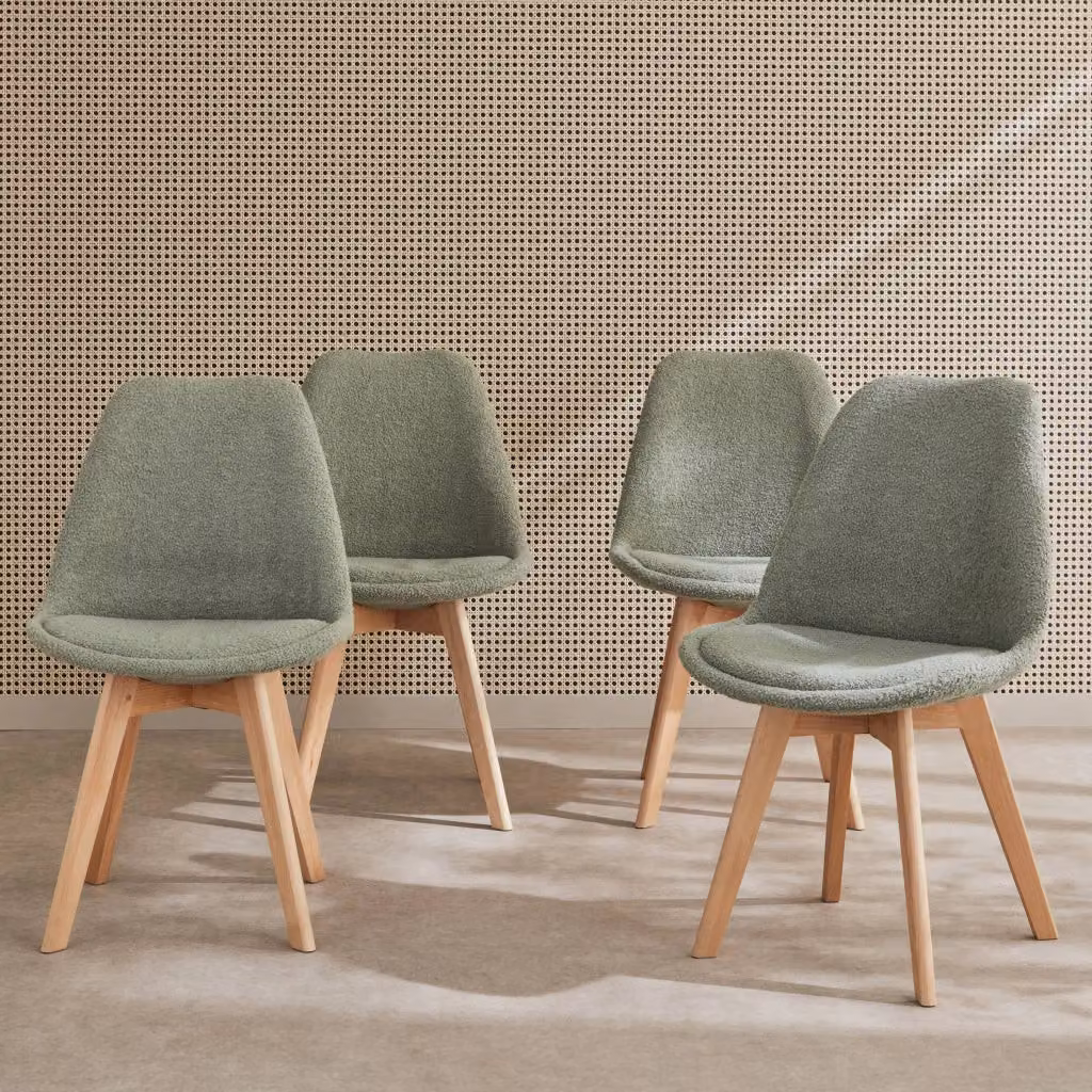 Set di 4 sedie scandinave Sweeek in tessuto bouclé verde celadon con gambe in legno di faggio – 2