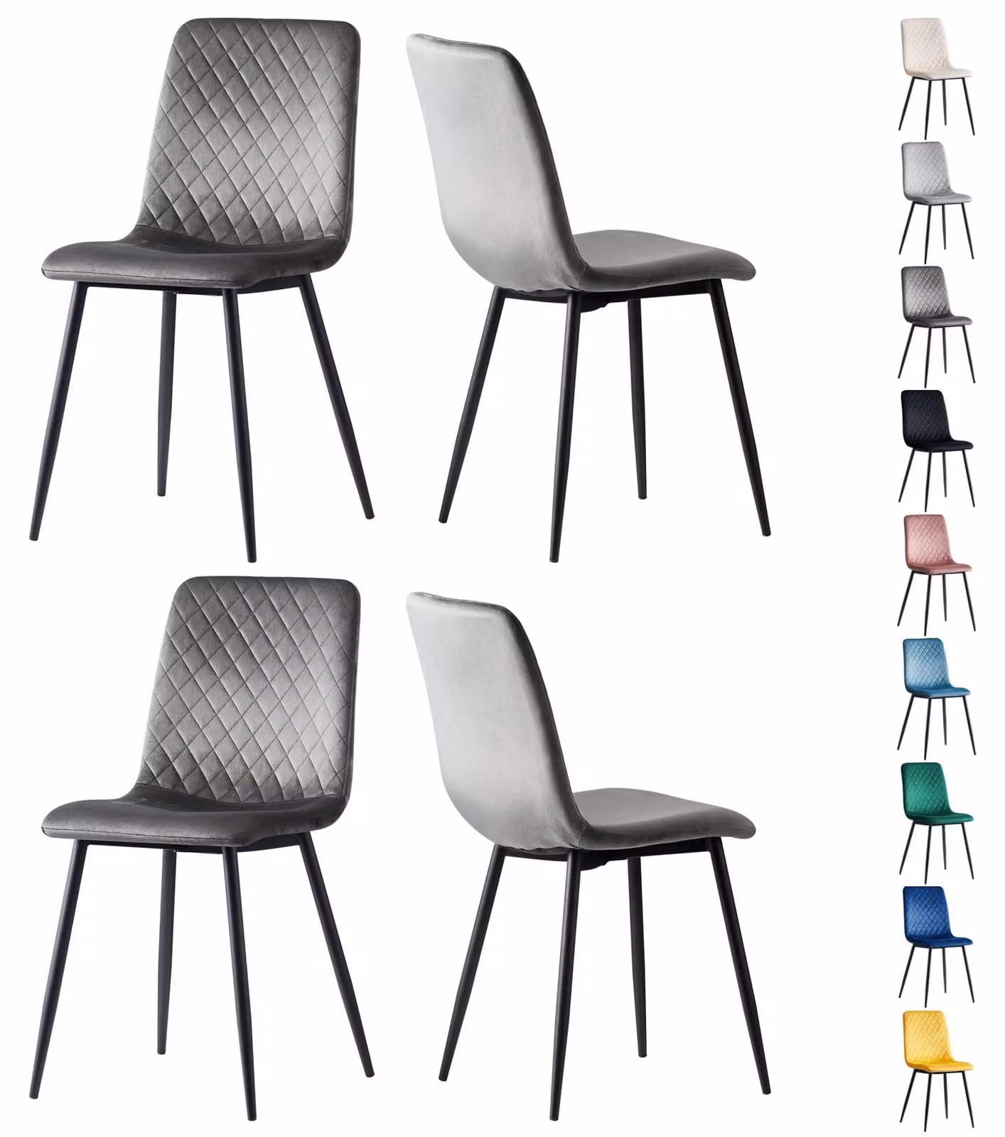 Sedia da pranzo - Set di 4 - Velluto - Grigio scuro - Gambe in metallo