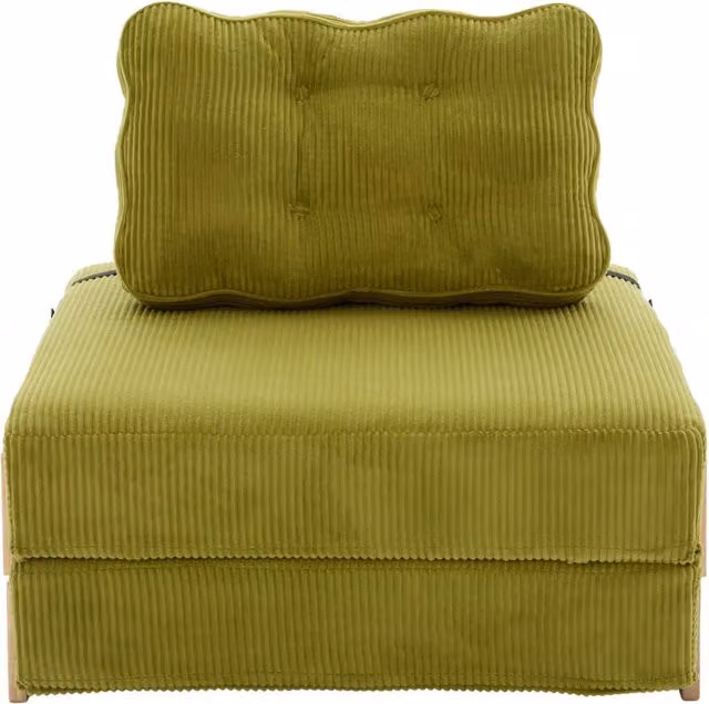 Poltrona multifunzione in velluto a coste verde frutto con struttura in legno, 90x86x84 cm, trasformabile in letto singolo