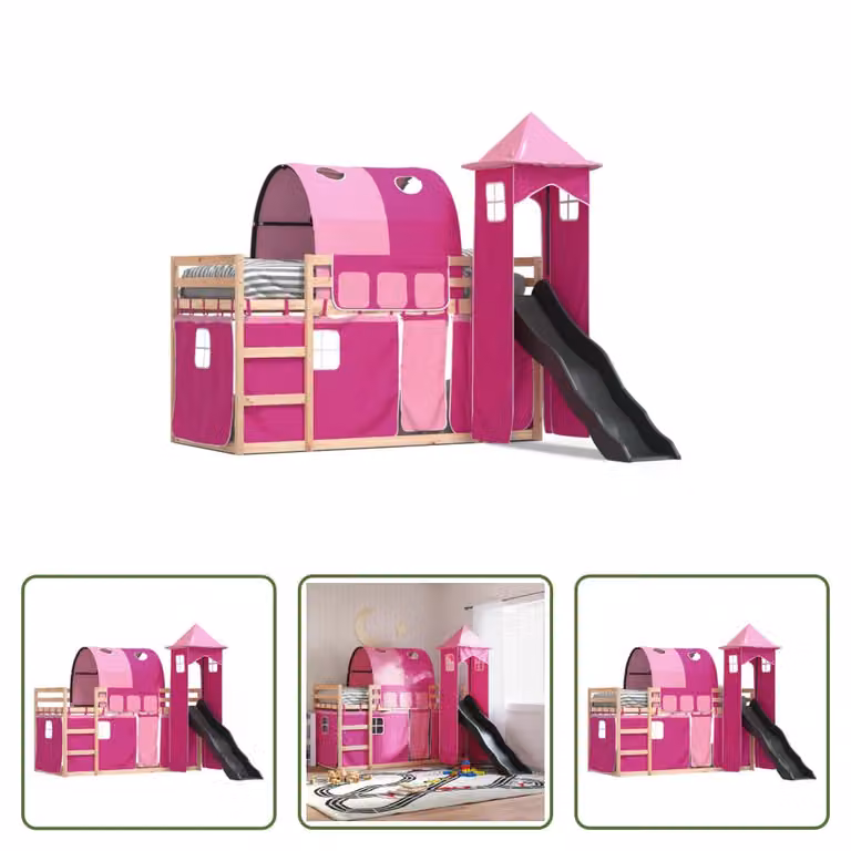 The Living Store Letto a castello con scivolo e tende Rosa 80x200 cm