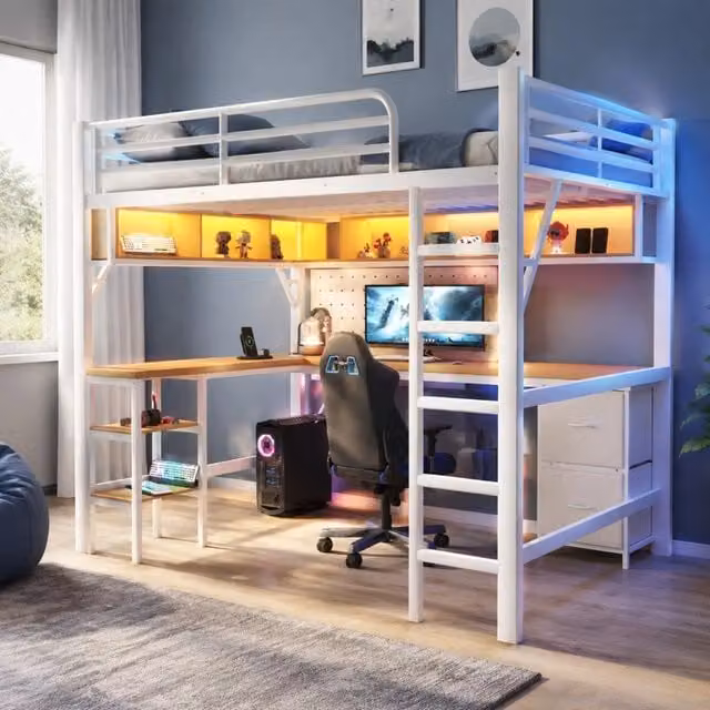 Letto a soppalco MIVRAY bianco con scrivania, libreria, cassetti, illuminazione LED e porta di ricarica USB in MDF e metallo, L/P/H: 204 x 140 x 180 cm