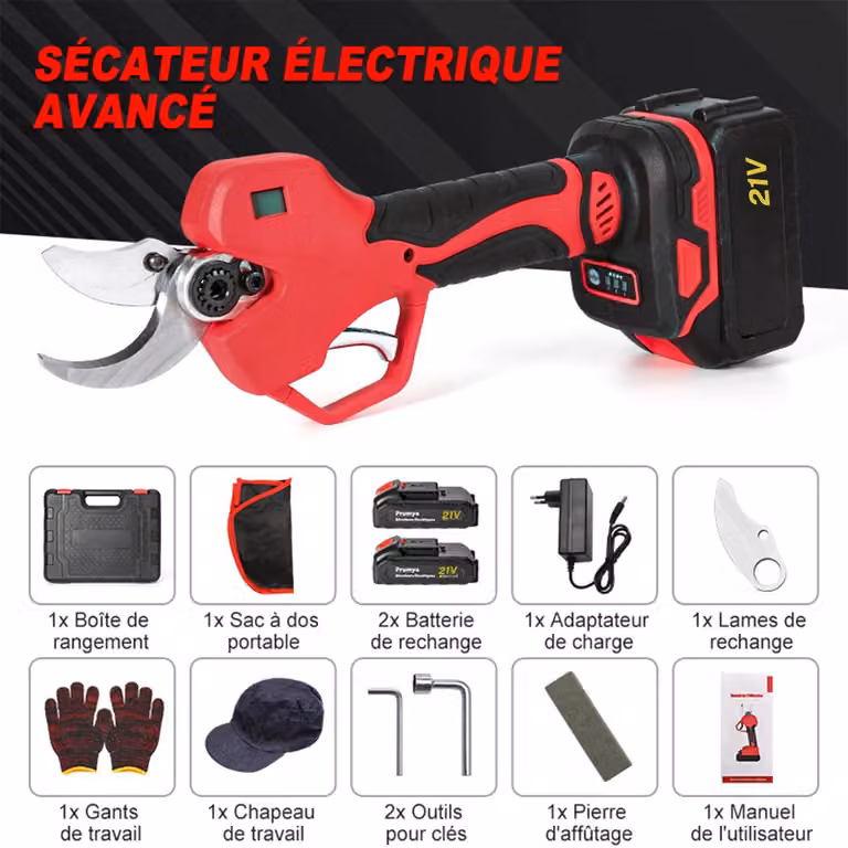 Forbice elettrica da giardino - Potatore a batteria - 50 mm - 1000 W - Motore brushless - 21 V - 2 batterie - Lame Acciaio al carbonio