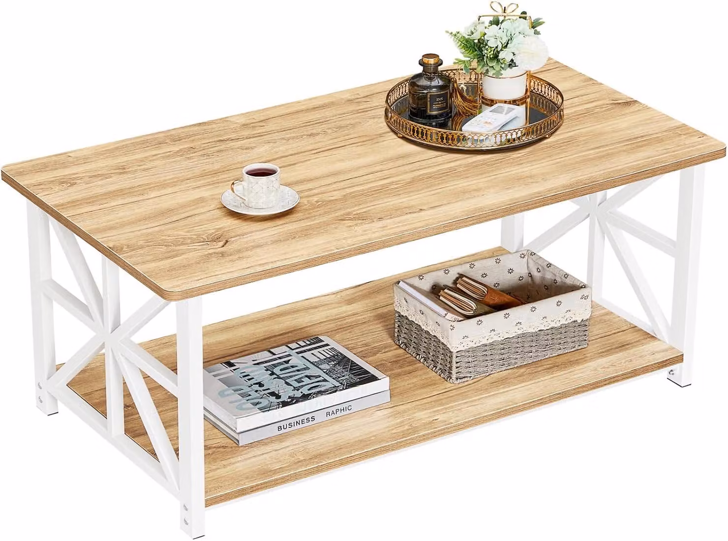 Tavolino da caffè con angoli arrotondati, 100 cm. Tavolino da salotto dal design moderno, con ripiano a due livelli e struttura a forma di "X", ideale per il soggiorno o lo studio