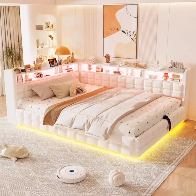Divano letto Mivray moderno in velluto beige con vano contenitore, illuminazione LED e porte di ricarica USB, L/P/H: 140 x 200 cm