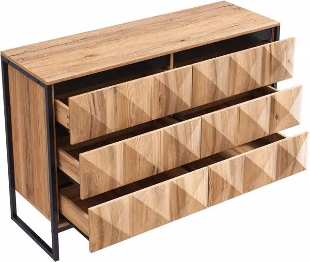 Sideboard nero e legno naturale con sei ampi cassetti e struttura in metallo 120x40x80 cm