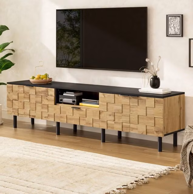 Mobile TV ULEVR 170x35x44,5 cm con 2 ante, cassetto e vano aperto, effetto legno naturale e nero