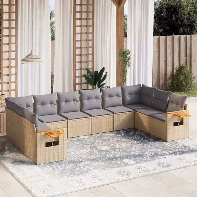 vidaXL Set Divano da Giardino 10 pz in Polyrattan con Cuscini Beige e Tavolino da Esterno