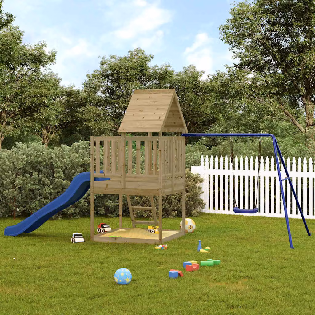 vidaXL Set da Gioco da Esterno con Torre per Bambini, Scivolo, Altalena e Sabbiera in Legno di Pino, Colore Blu e Marrone, H 235 x L 228 x P 228 cm