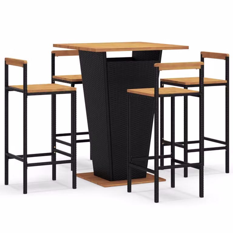 Set Bar Giardino 5 pz Nero Polyrattan e Legno Massello Acacia