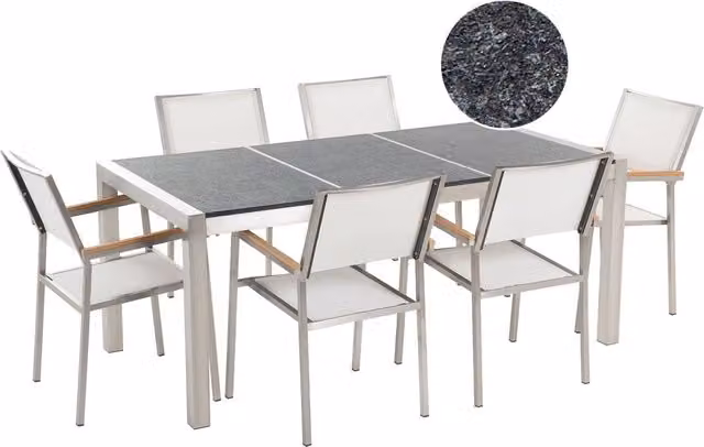 Set da Giardino Beliani con Tavolo in Basalto Fiammato e 6 Sedie Bianche L: 180 cm, P: 90 cm, H: 74 cm – 1