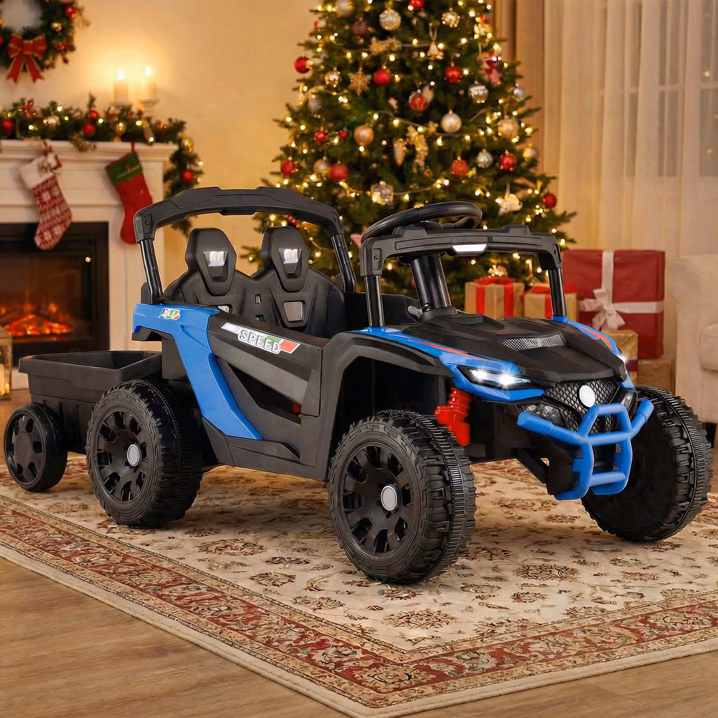Costway Macchina elettrica UTV per bambini con rimorchio staccabile, trattore 12V con telecomando e luci e suoni, Blu
