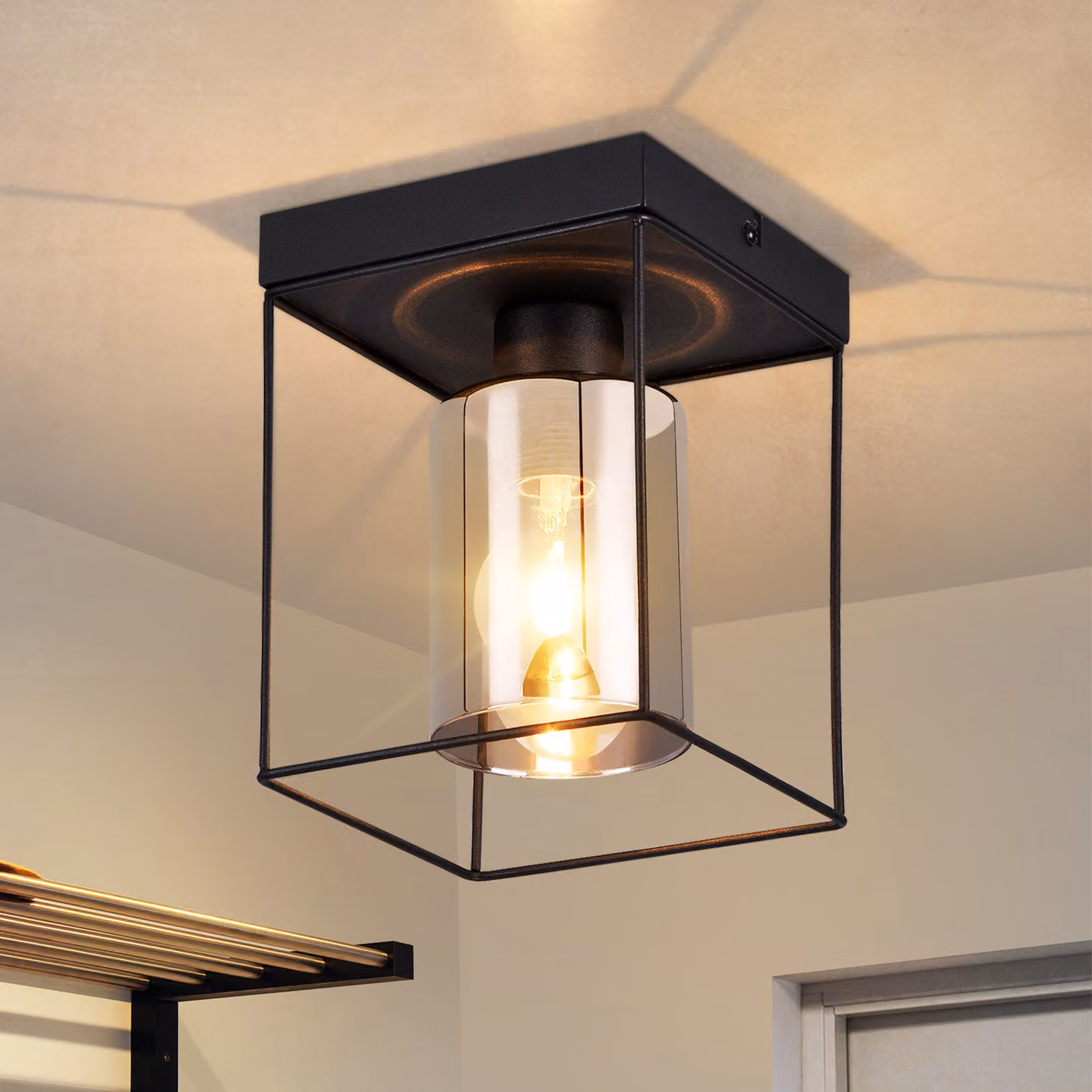 ZMH Lampada da soffitto Vetro per corridoio - 1 fiamma E27 Lampada da corridoio vintage con soffitto in metallo nero Stile industriale Lampada da camera da letto retrò per cucina camera da letto ufficio (senza lampadina)