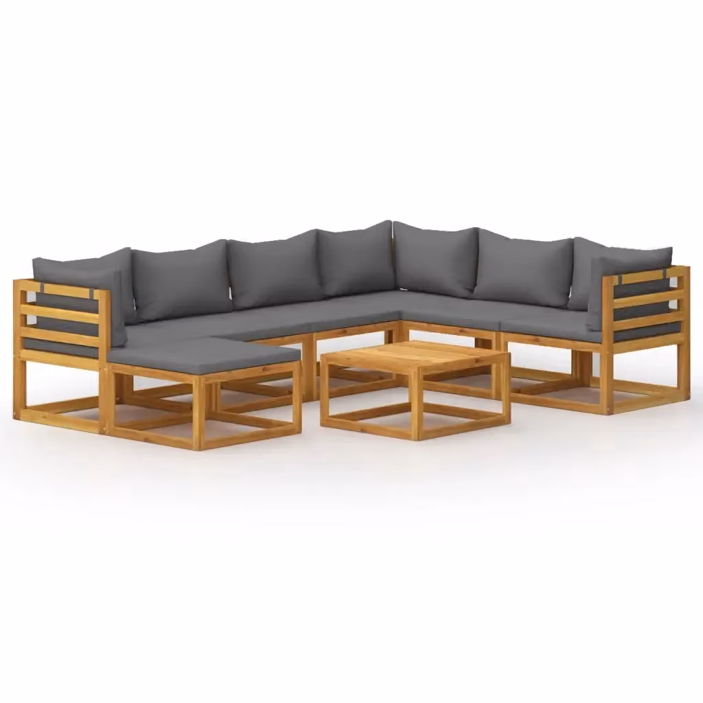 Set da giardino moderno vidaXL in legno di acacia con 8 pezzi, composto da divano a L, pouf, tavolino e cuscini grigi con coperture rimovibili – 2