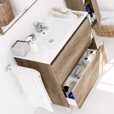 Mobiletto bagno a terra serie Oasi con 2 cassetti, specchio e lavabo in rovere marrone, L: 80 cm, H: 68 cm, P: 45 cm – 2