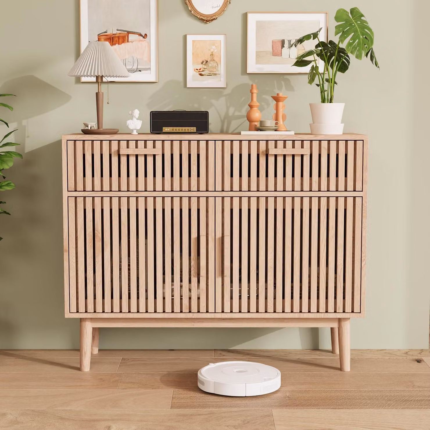 Mobiletto contenitore in rattan con 2 cassetti e 2 ante, dimensioni 100x35x80 cm