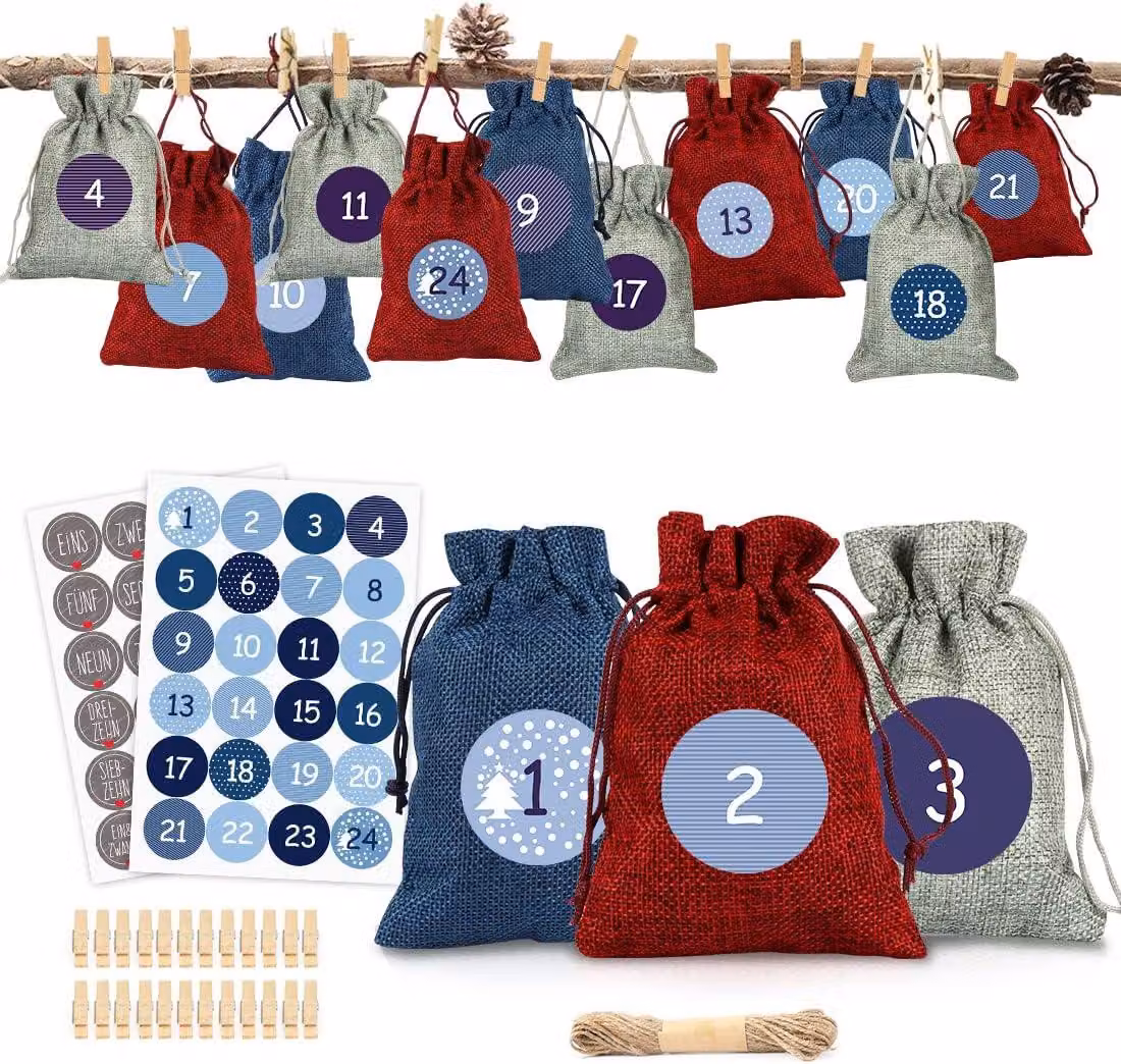 Calendario dell'Avvento da riempire, in tessuto - 24 elementi per calendario dell'Avvento - Sacchetti di tessuto con adesivi con i numeri dell'Avvento - Calendario di Natale, sacchetti di juta