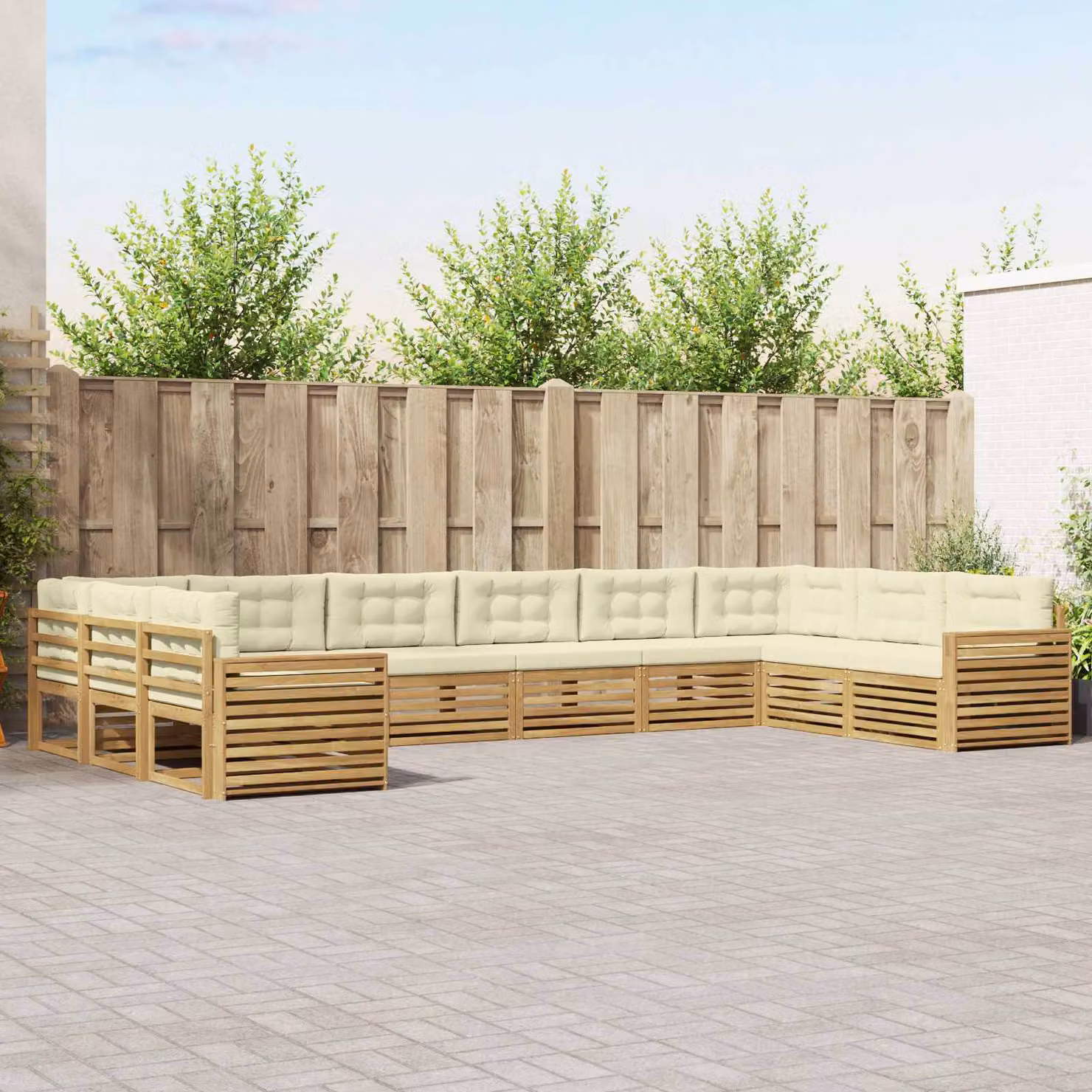 Set di divani da giardino vidaXL a forma di L con cuscini, Bianco e Beige, in legno di acacia e poliestere resistente ai raggi UV