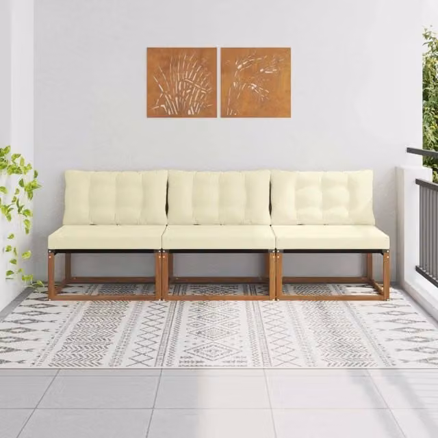 Set di 3 divani centrali da esterno vidaXL in legno di acacia massello con cuscini beige e marroni