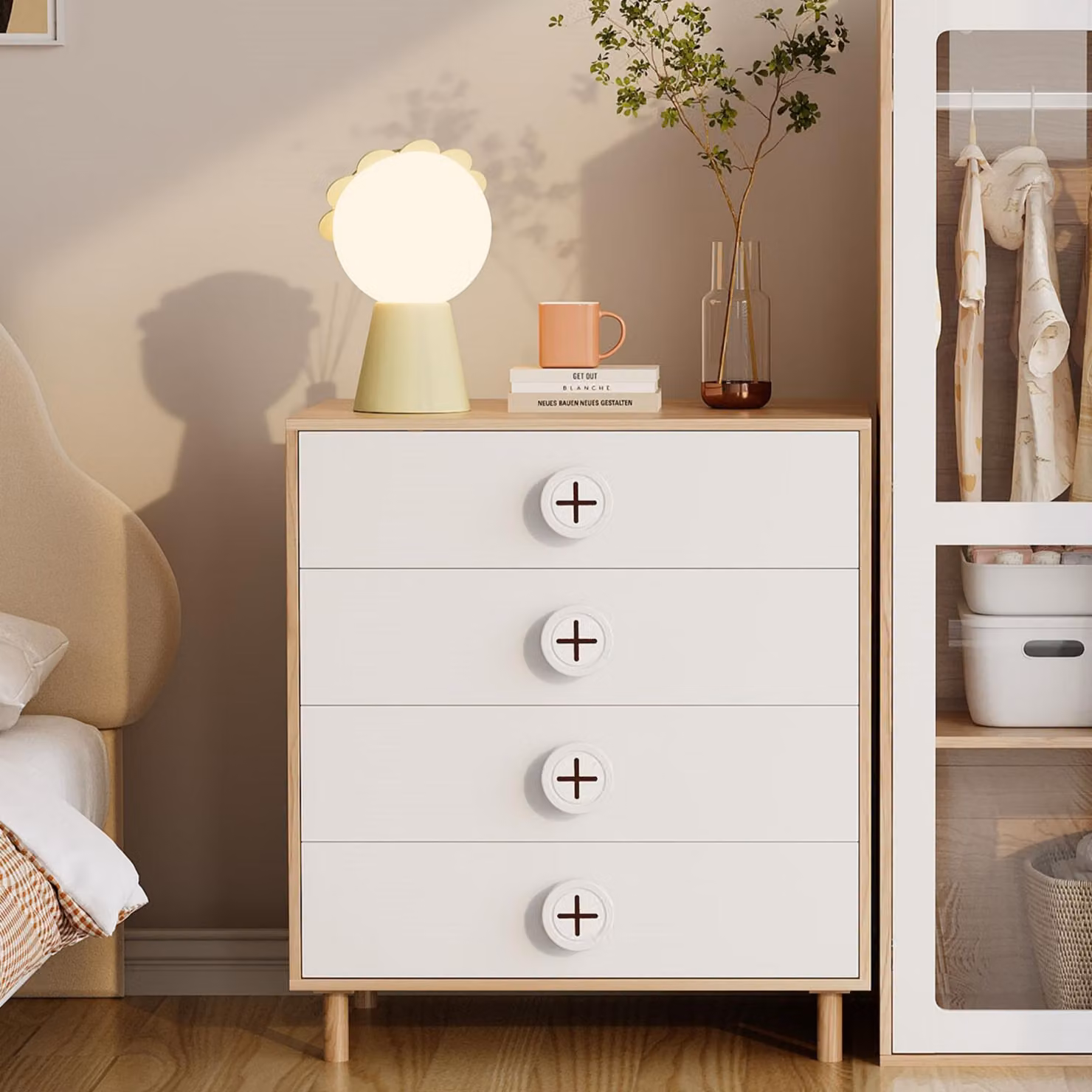Cassettiera Merax per camera e cameretta dei bambini, 4 cassetti, mobile contenitore, piano laccato, credenza, 80×54×90 cm, bianco + natura