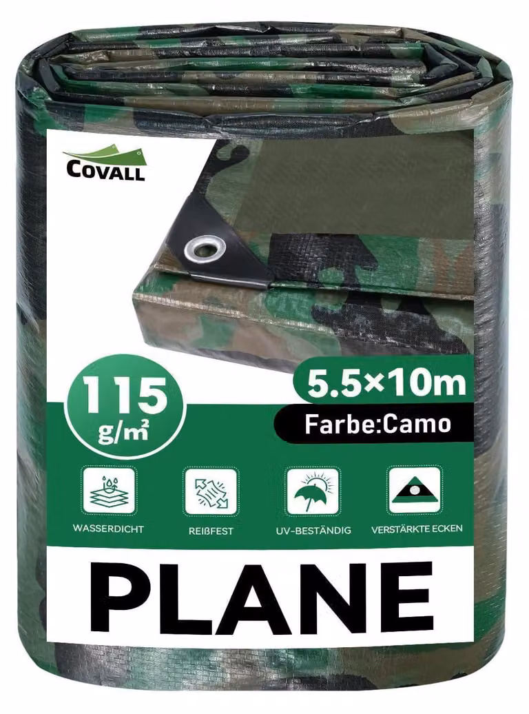 Telo protettivo impermeabile con occhielli, mimetico, 5,5 x 10 metri, 115 g/m², resistente ai raggi UV, resistente allo strappo, in HDPE