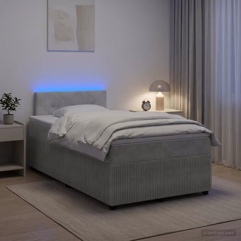 Letto box spring ibrido vidaXL con materasso a molle insacchettate e illuminazione sottostante, rivestimento in velluto grigio, L/P: 200 x 120 cm