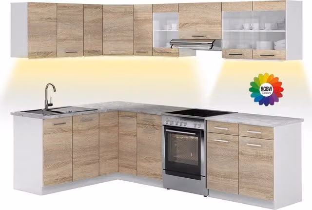 Cucina ad angolo moderna Vicco R-Line in legno color Sonoma e Bianco con illuminazione LED integrata L 267 cm x P 167 cm