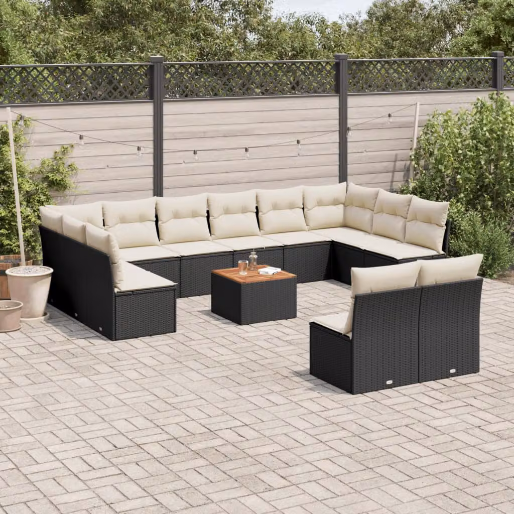 vidaXL Set Divani da Giardino a Forma di U in Polyrattan Nero con Cuscini e Tavolino da Caffè – 1