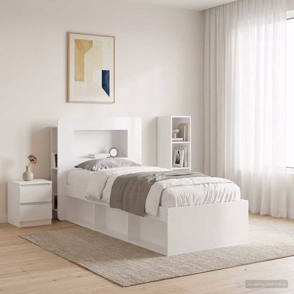 Testata del letto moderna vidaXL in legno ingegnerizzato bianco lucido con ripiani integrati