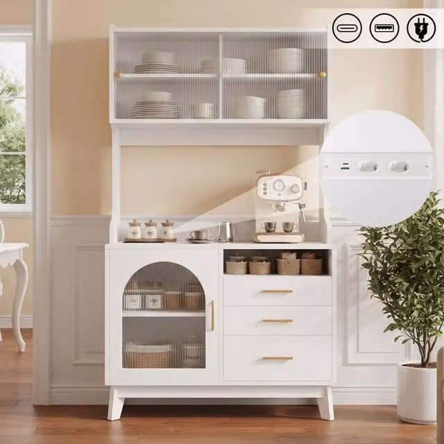Credenza da cucina alta con spazio contenitore, 2 prese e porte USB-A e USB-C, bianca, per cucina, 100,5 × 40 × 178 cm