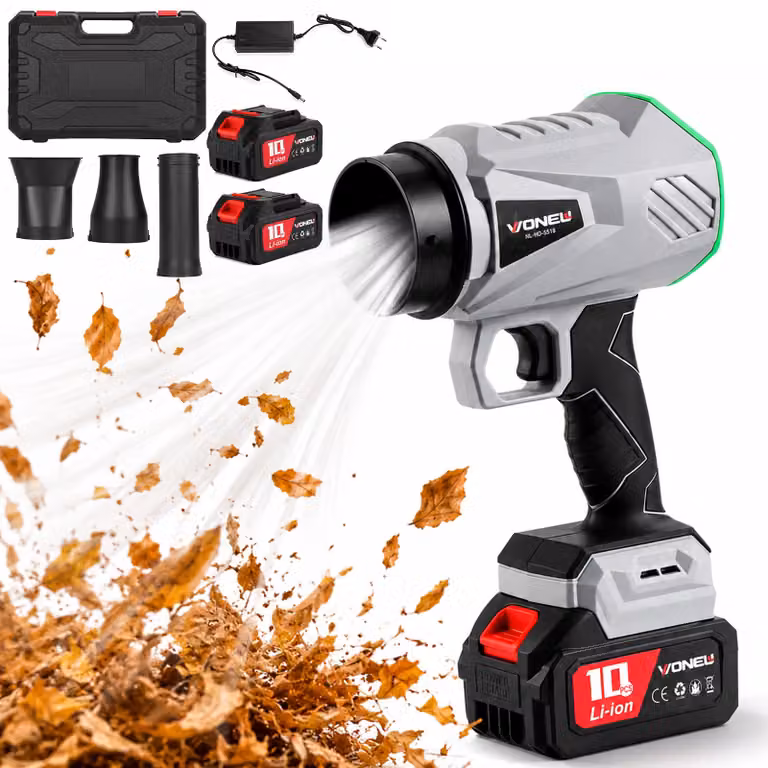 Soffiatore a batteria da 30.000 giri/min, dotato di 2 batterie da 21V (autonomia di 30 minuti), pressione del vento di 1200 grammi, regolazione continua della potenza, peso di soli 1,18 kg, con 3 ugelli e custodia, ideale per giardino, cortile, auto e rim