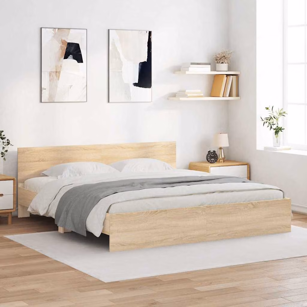 Struttura letto con testata vidaXL in legno Sonoma, colore marrone e beige, L: 198 cm, P: 140 cm, H: 206 cm