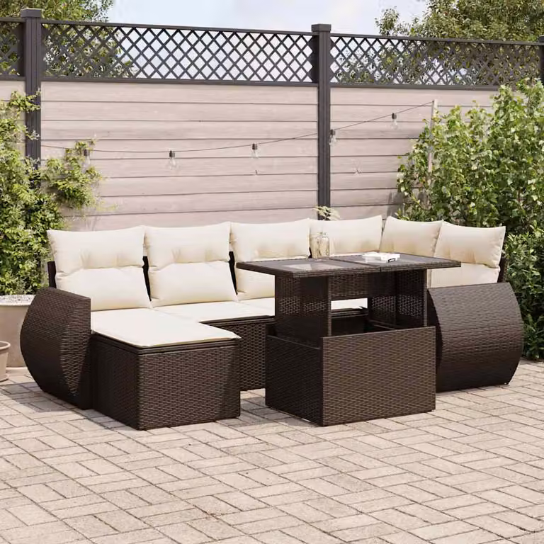 Set di divani da giardino vidaXL composto da 7 pezzi con cuscini in polyrattan marrone e bianco per esterno