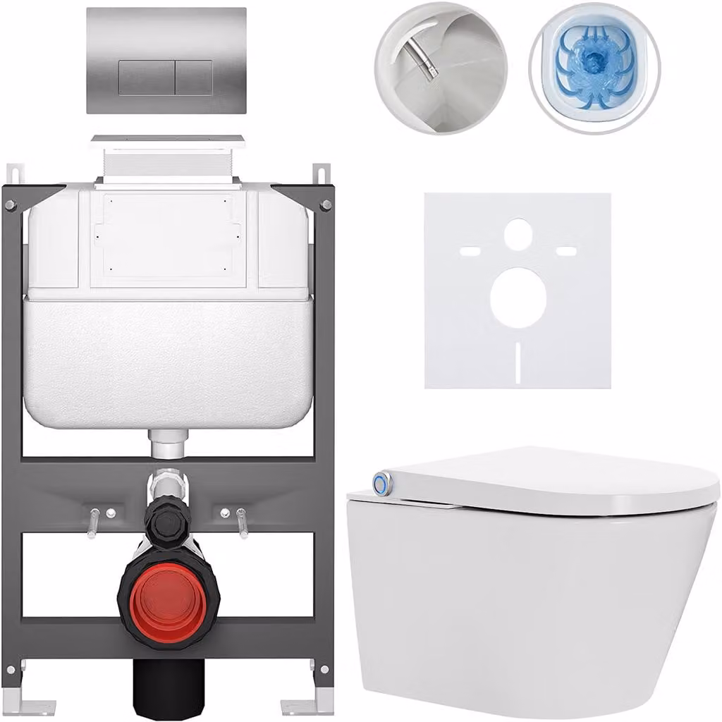 WC sospeso con bidet Cronus Standard - bianco lucido - pulsante Prime/Modulo, argento - azionamento superiore - installazione a parete/con pannello di cartongesso - 59,3 x 38,4 cm