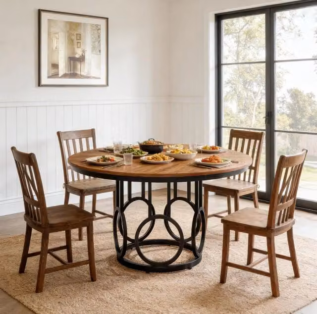 Tavolo da pranzo rotondo ULEVR ?120 cm per 4-6 persone, piano in MDF effetto noce e base in metallo nero