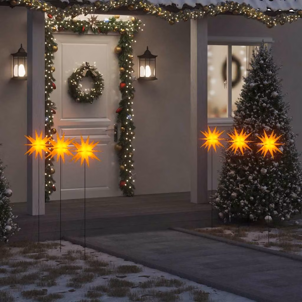vidaXL Set di 3 Luci di Natale a Stella con LED e Picchetti per Terreno, Colore Giallo, con Timer e Funzione Pieghevole