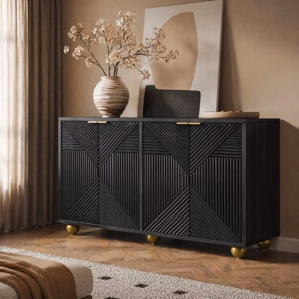 Madia REDOM in MDF nero opaco stile moderno con design geometrico L: 120 cm, P: 35 cm, H: 71,5 cm – 2