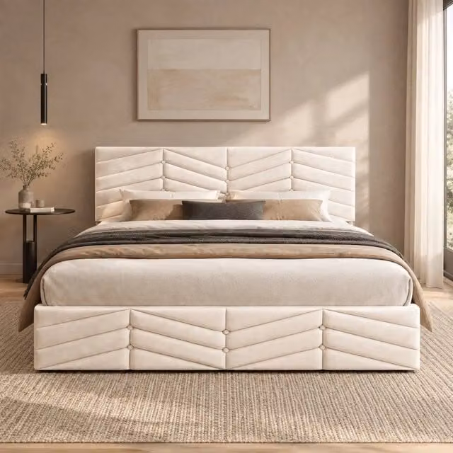 Letto imbottito 140x190 cm beige in velluto, testiera regolabile con rete, senza materasso