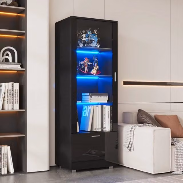 Vetrina Mivray moderna con ante in vetro, illuminazione LED integrata e ripiani in vetro temperato, vano inferiore nero lucido, L: 40 cm, P: 35 cm, H: 160 cm