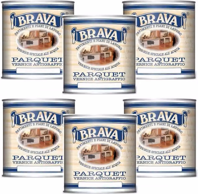 Multipack da 6 pezzi di vernice per parquet Brava trasparente satinata all'acqua, 750 ml per flacone