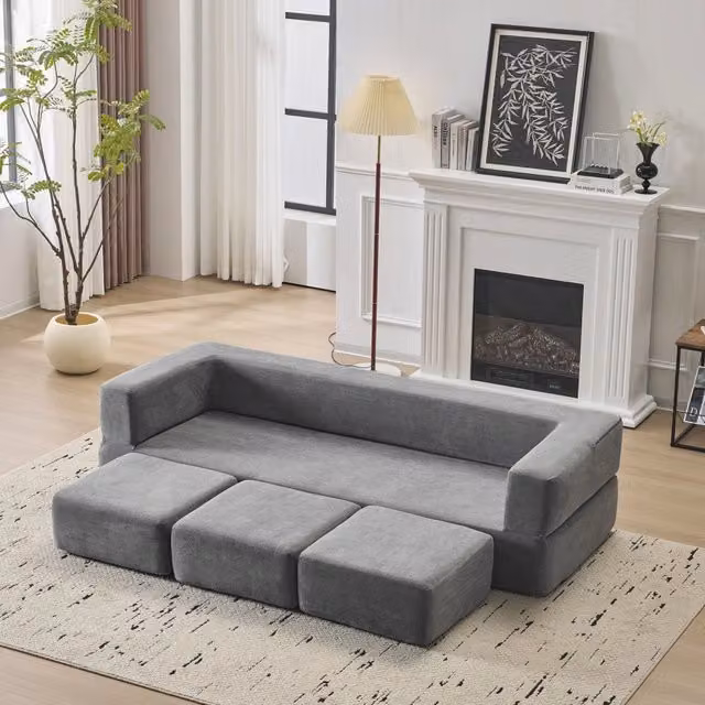 Divano letto modulare multifunzione WISHDOR in chenille grigio con 3 moduli e schiuma ad alta densità