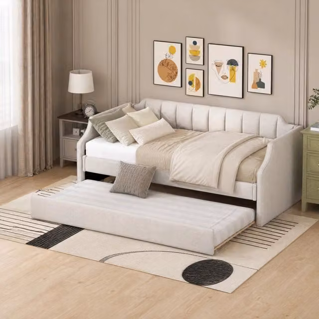 Letto da giorno ULEVR 90x200 cm con letto estraibile 90x190 cm su ruote, rivestimento beige in cotone e lino
