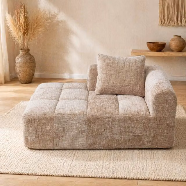Divano chaise longue in chenille color kaki con tasche laterali; 158x90x60 cm