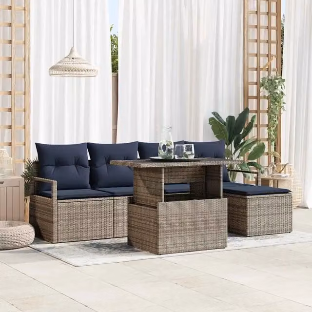 Set Divano da Giardino 6 pz vidaXL in Polyrattan Grigio e Blu con Cuscini e Tavolino