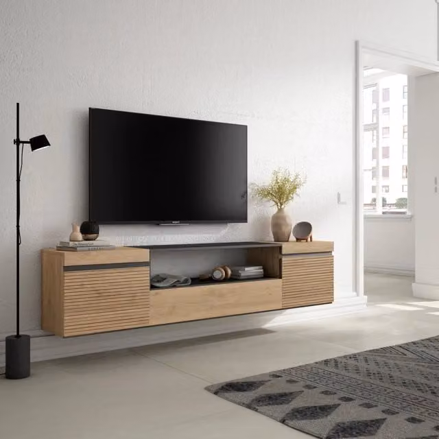 Mobile TV Soggiorno, 200x35x45cm, Per TV fino a 80", da appendere, colore Rovere RF3314