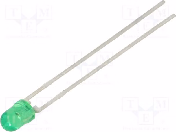 1 LED verde da 3 mm, angolo di visione 44°, modello TLHG4205, diodi LED a montaggio traversa (THT) da 3 mm, intensità luminosa 16÷20 mcd