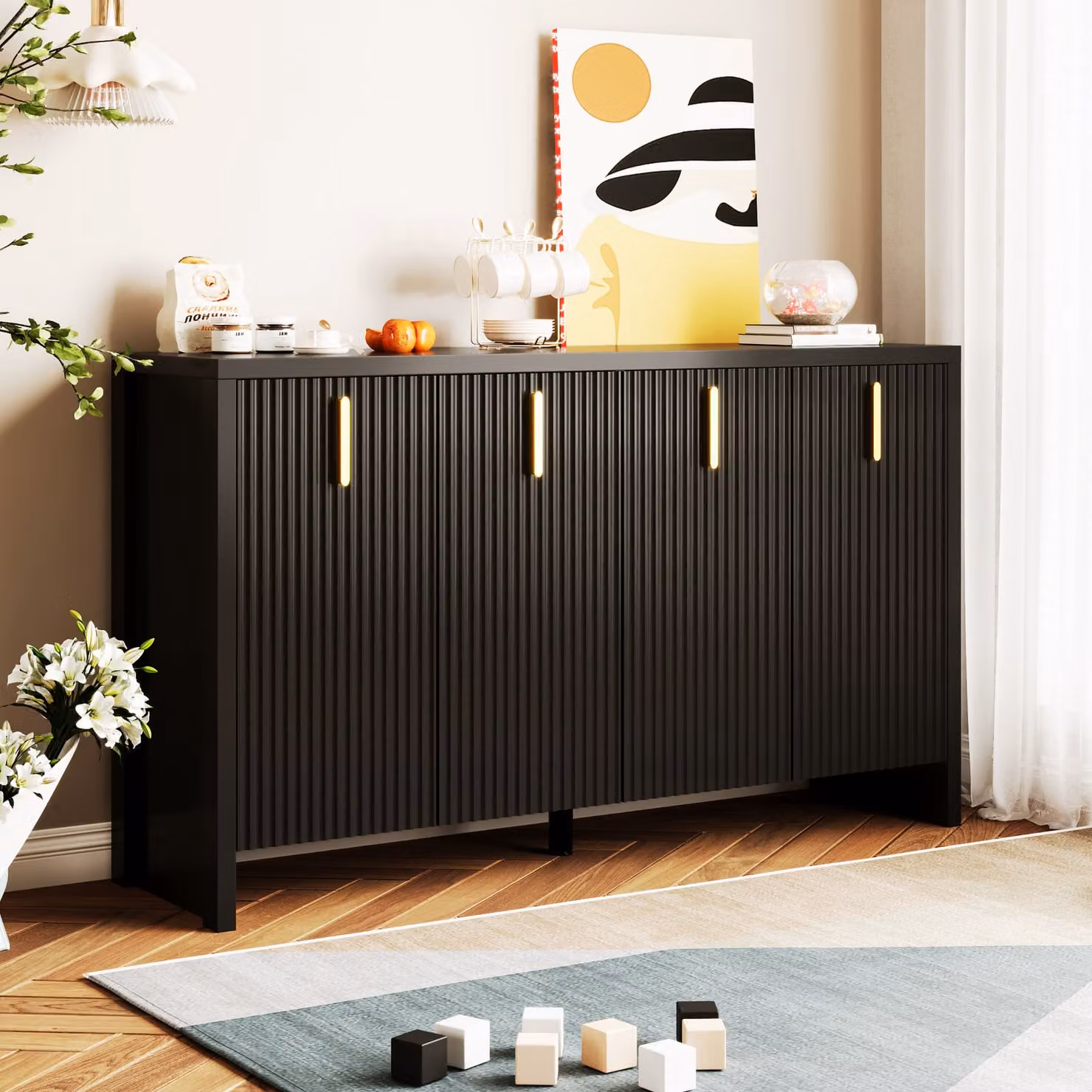 MODFU Comò Credenza con 4 ante, armadio buffet per soggiorno, camera da letto, camera dei bambini, camera dei ragazzi e ufficio, mobile da cucina con maniglie dorate e ripiani regolabili, nero