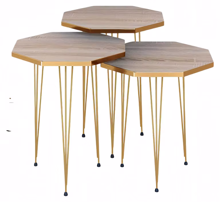 Elegantes braunes Couchtisch-Set aus Holz und Edelstahl