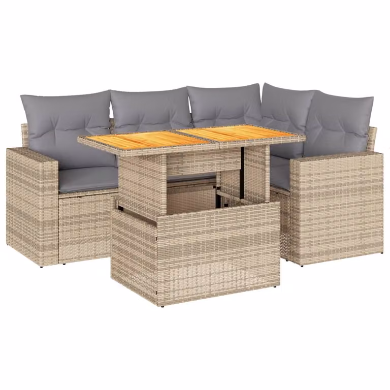 Set Divano da Giardino 5 pz con Cuscini Beige in Polyrattan