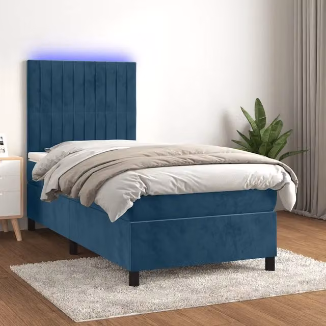 Letto a Molle con Materasso e LED Blu Scuro 90x190cm in Velluto 3136219